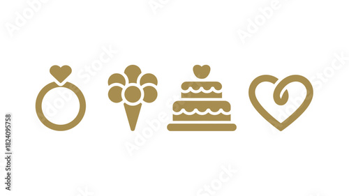 A golden ring with a heart, ice cream, cake, and heart shape on a white background in a simple design