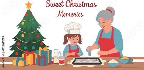 Happy grandmother and granddaughter baking Christmas cookies together at table near decorated tree with gifts vector illustration banner.