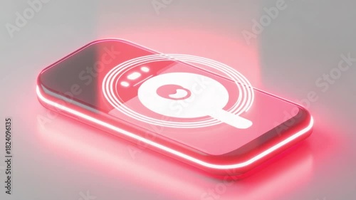 Futuristic Smartphone with Magnifying Glass Icon Glowing with Neon Light