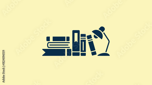 A simple illustration of a stack of books next to a desk lamp on a light yellow background color