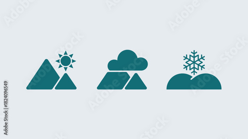 Three weather icons depicting sun over mountain cloud over mountain and snowflake over snow hill
