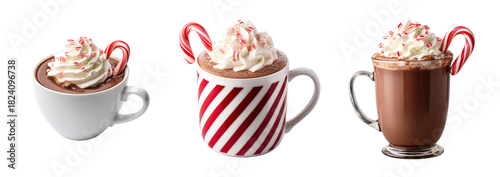 Festive hot chocolate with whipped cream and candy cane garnish in three mugs, cozy holiday beverage scene with warm seasonal treat