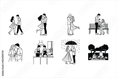 Everyday life scenes with romantic couples, white