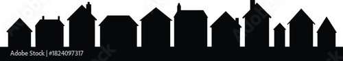 Black silhouette row of residential houses and cottages vector illustration isolated on white for real estate and neighborhood design.