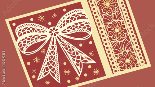 White lace bow decoration on kraft paper background with floral patterns