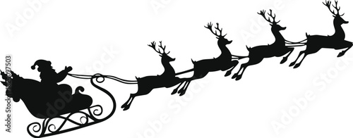 Santa Claus flying in sleigh pulled by reindeer black silhouette vector illustration isolated on white background for Christmas holiday design.