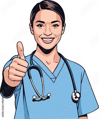 Smiling female nurse character in blue scrubs showing thumbs up hand gesture indicating success vector illustration isolated on white.