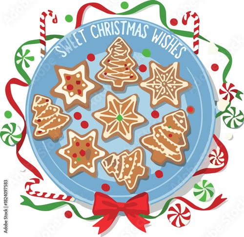 Top view of decorated Christmas gingerbread cookies on blue plate with candy canes ribbons and sweet wishes text vector illustration.