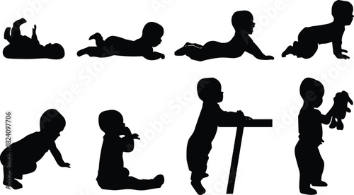 Baby growth stages silhouette set featuring infant crawling sitting and standing toddler walking vector illustration isolated on white background.