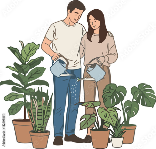 Happy young couple watering green potted houseplants together at home enjoying gardening hobby lifestyle concept vector illustration isolated on white.