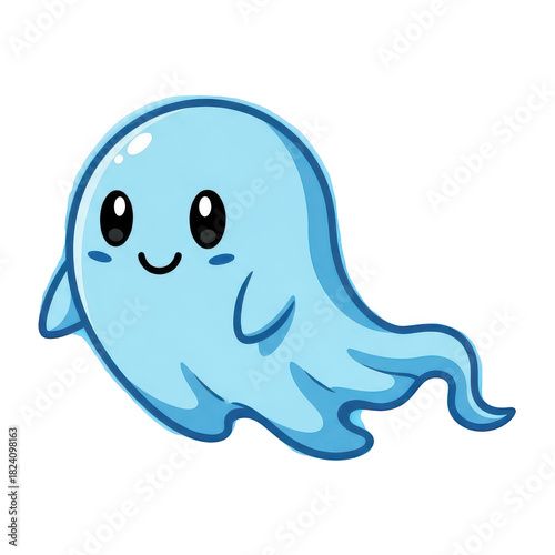 Adorable light blue cartoon apparition floats against a dark background