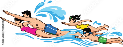 Active family mother father and children swimming freestyle together in water pool vector illustration isolated on white background.