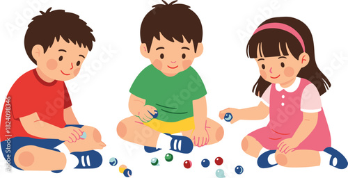 Three happy cartoon children sitting on floor playing with colorful glass marbles together vector illustration isolated on white background.
