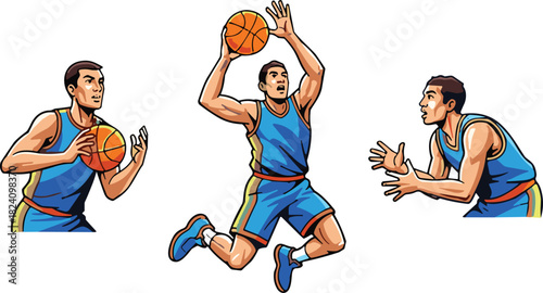 Dynamic male basketball player vector character set performing shooting jumping and defensive actions in blue uniform isolated on white.