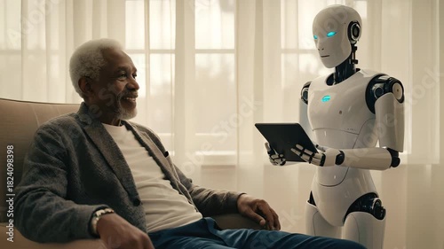Humanoid robot assisting elderly man with tablet in bright living room