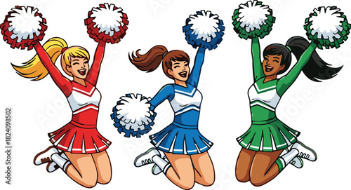 Three happy cheerleader girls jumping with pom poms wearing colorful uniforms celebrating sports victory vector illustration isolated on white background.