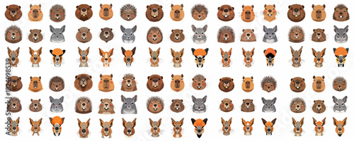 A Cute Seamless Pattern of Cartoon Rodent and Small Mammal Animal Faces: Beaver, Hedgehog, Capybara, Chinchilla, and Mara Head Portraits.
