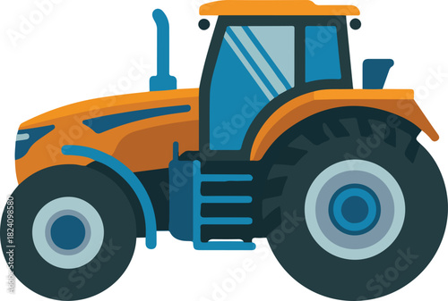 Orange and blue farm tractor vector illustration for agricultural industry heavy machinery and rural transport