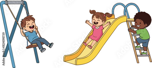 Happy cartoon children playing together on playground slide and swing set enjoying outdoor summer fun vector illustration isolated on white.