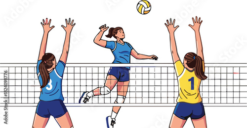 Active female volleyball players competing at net with powerful spike against double block defense in sports match vector illustration.