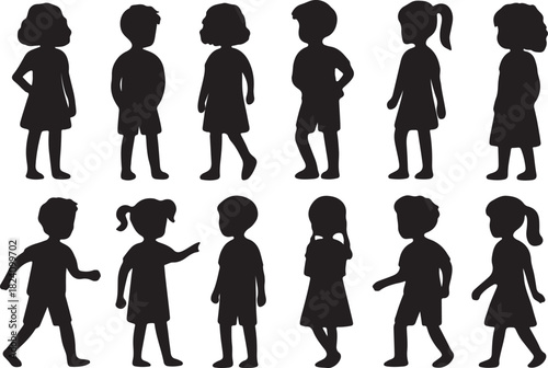 Children in standing poses, diverse hairstyles, clothing outline