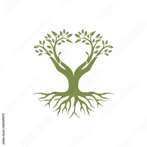 Tree of Life with Hands and Heart-Shaped Branches Symbolizing Growth.