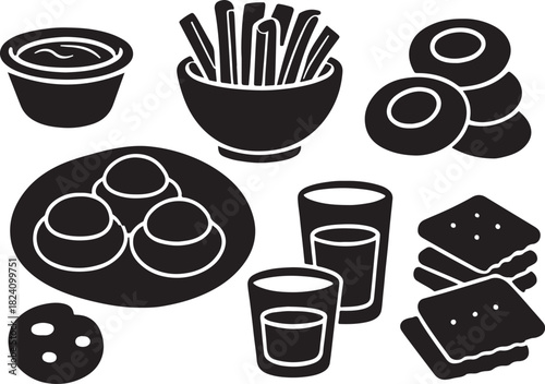 fried snacks with dipping sauce, French fries bowl, egg topped croquettes, cookie snacks, glass cups, food silhouette vector