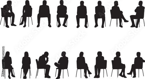 people sitting on chairs, diverse seated pose collection for business interview, waiting room, office meeting and lifestyle silhouette vector
