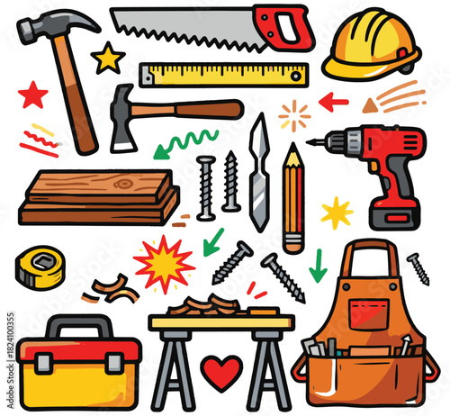 Carpenter Doodle Flat Illustration Set