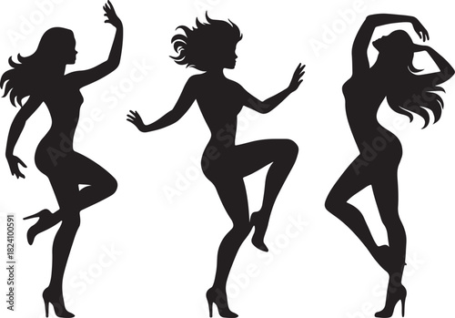 stylish woman in dynamic dance poses with flowing hair and high heels silhouette vector