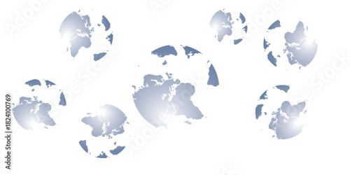 A collection of scattered stylized Earth globes with a glossy metallic blue and silver finish.