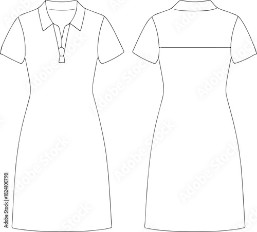 Women polo dress technical fashion flat sketch front and back view with short sleeves for apparel design
