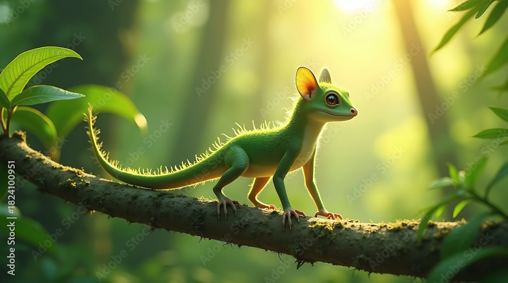 Fototapeta premium Lush Green Jungle Dweller: Vibrant Fantasy Lizard Perched on a Vine in Sunlit Canopy