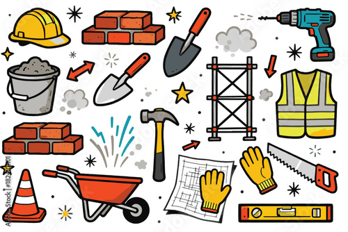 Construction Worker Doodle Flat Set