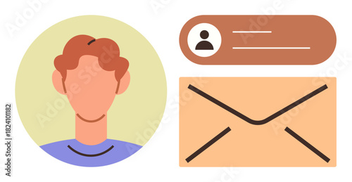 Abstract avatar in circle, user info tag with profile details, and envelope shape. Ideal for communication, messaging, personal identity, networking, contact sharing, simplicity digital interface