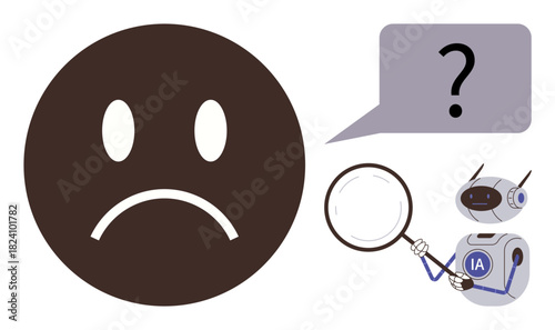 Sad face with frown next to AI robot holding magnifying glass, question mark in speech bubble. Ideal for problem-solving, curiosity, exploration, emotion, technology, artificial intelligence