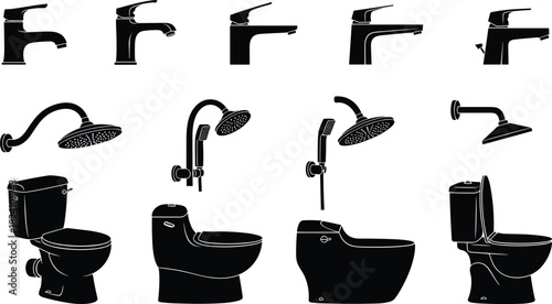 Set of bathroom sanitary ware silhouettes, black faucet, shower head and toilet icons collection, plumbing equipment vector illustration isolated on white background.