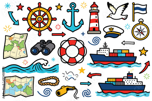 Sailor Doodle Flat Illustration Set