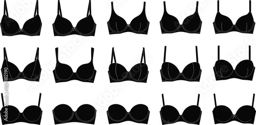 Set of black bra silhouettes, women lingerie collection, female underwear icons, various brassiere styles, fashion design vector illustration, isolated on white background