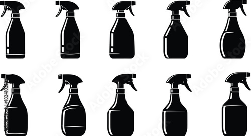 Set of black spray bottle silhouettes, cleaning detergent container icons, water sprayer vector illustration collection, household disinfection tools, garden equipment, isolated on white background
