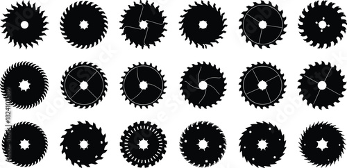 Set of circular saw blade silhouettes, black vector icons of industrial cutting tools, carpentry and woodworking equipment symbols, isolated on white background