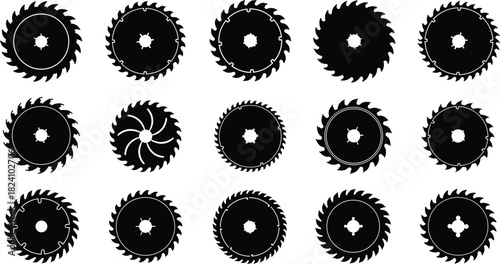 Set of circular saw blade silhouettes, carpentry tool icons, black construction equipment vector symbols for woodworking and industrial design, isolated on white background.