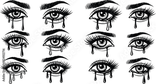 PrintCrying eyes, tear drops, emotional sketch, black and white, vector illustration, sadness art, expressive design, stylized tears, face detail