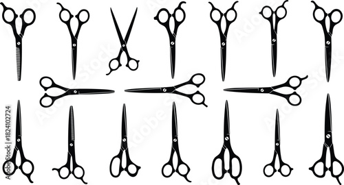 Set of professional hair cutting scissors silhouettes, barber shop tools collection, hairdressing equipment, salon shears icons, vector illustration, isolated on white background