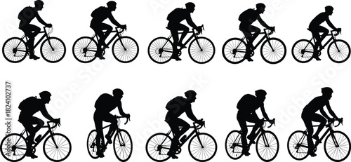 PrintCyclist silhouette, bike motion, pedaling sequence, black vector, sports design, dynamic posture, white background, animation reference, movement study