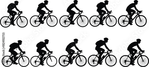 PrintCyclist silhouette, bike motion, pedaling sequence, black vector, sports design, dynamic posture, white background, road cycling, animation reference