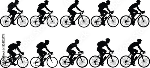 PrintCyclist silhouette, bike rider, black vector, sports motion, pedaling posture, white background, bicycle design, side profile, graphic illustration