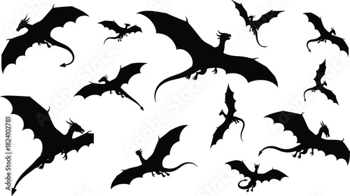 PrintDragon silhouette, flying dragon, standing pose, mythical creature, fantasy design, black and white, vector illustration, winged beast, serpent shape, dramatic layout