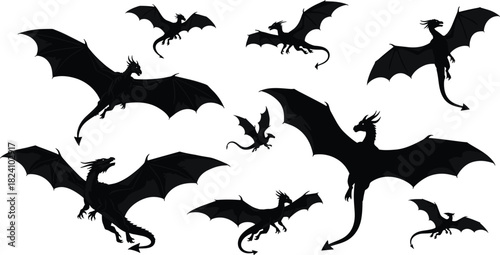 PrintFlying dragon, fantasy silhouette, mythical creature, black and white, vector illustration, winged beast, magical design, serpent shape, dynamic pose