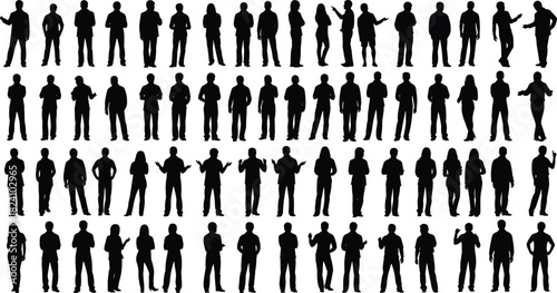 PrintHuman silhouette, standing pose, gesture variety, black and white, crowd layout, body language, vector illustration, posture design, people interaction